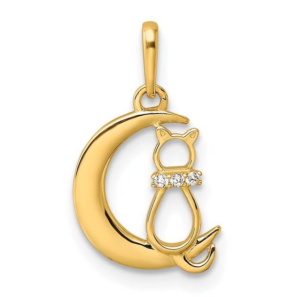 Kazi Luxury 14k Yellow Gold CZ Cat and Moon Pendant